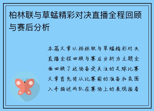 柏林联与草蜢精彩对决直播全程回顾与赛后分析